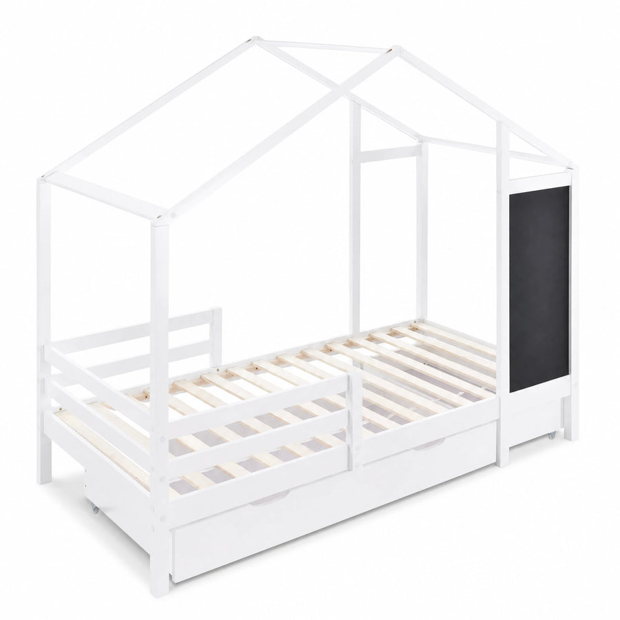 Lit Cabane Montessori avec Tableau Noir et Tiroirs - Fond blanc, autre angle