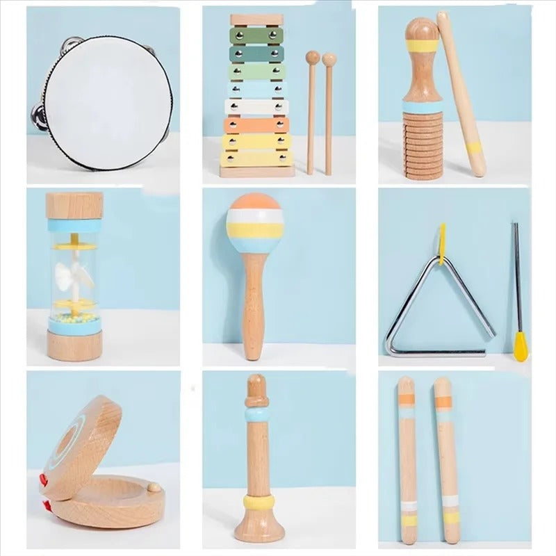 Set de 5 Instruments en Bois Montessori - Xylophone, Hochet, Tambourin, Maracas, et Claquette pour Bébé 0-3 Ans