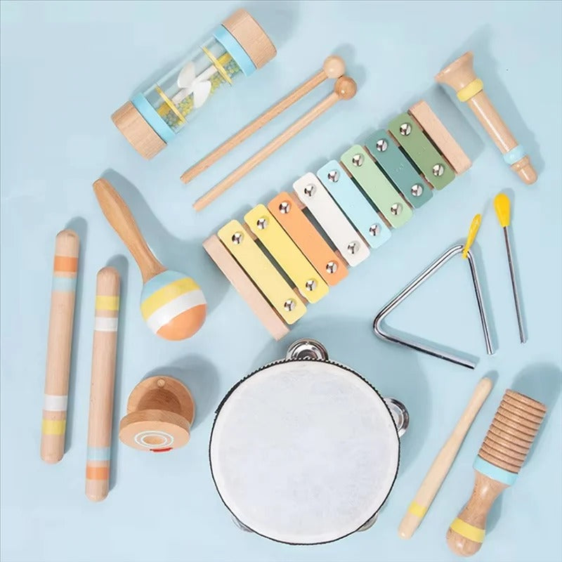 Set de 5 Instruments en Bois Montessori - Xylophone, Hochet, Tambourin, Maracas, et Claquette pour Bébé 0-3 Ans