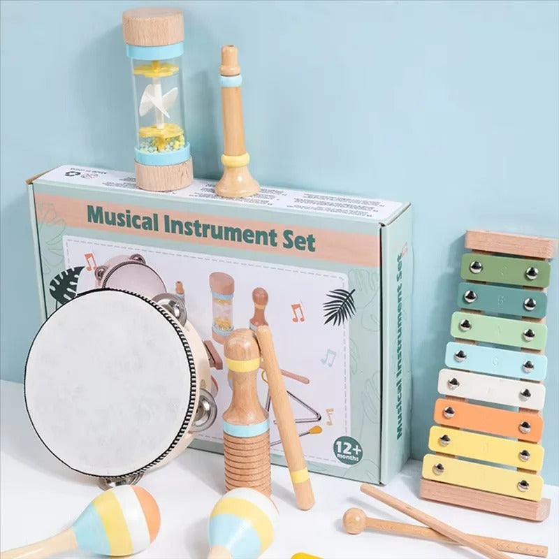 Set de 5 Instruments en Bois Montessori - Xylophone, Hochet, Tambourin, Maracas, et Claquette pour Bébé 0-3 Ans