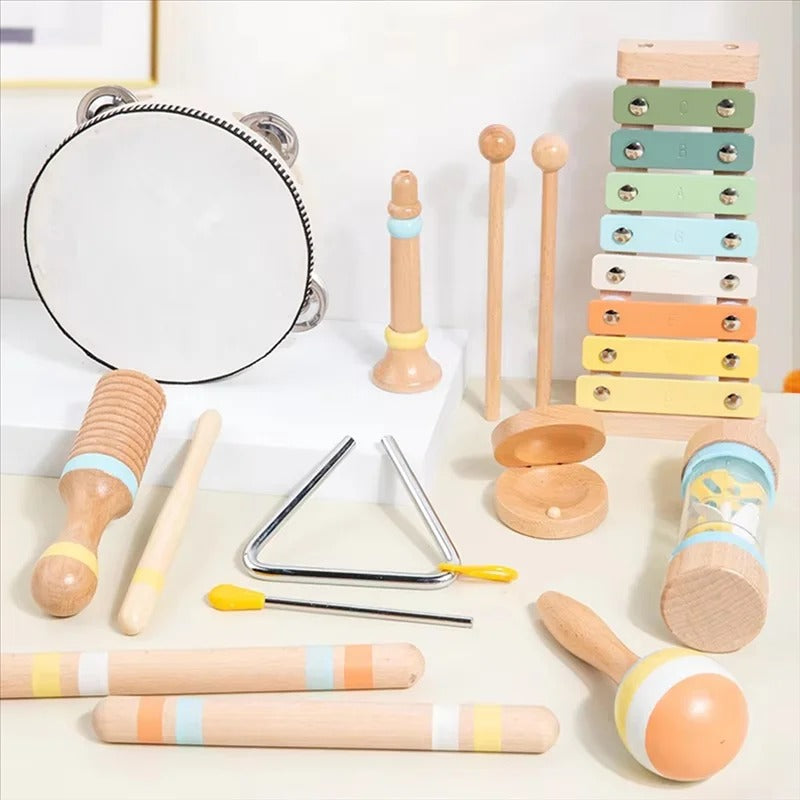 Set de 5 Instruments en Bois Montessori - Xylophone, Hochet, Tambourin, Maracas, et Claquette pour Bébé 0-3 Ans