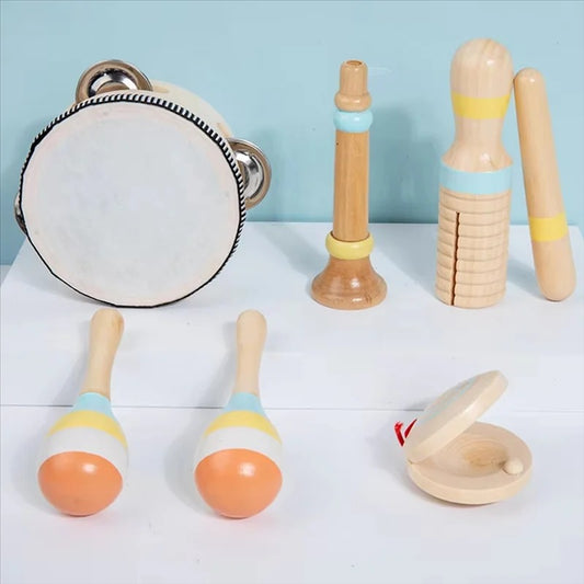 Set de 5 Instruments en Bois Montessori - Xylophone, Hochet, Tambourin, Maracas, et Claquette pour Bébé 0-3 Ans