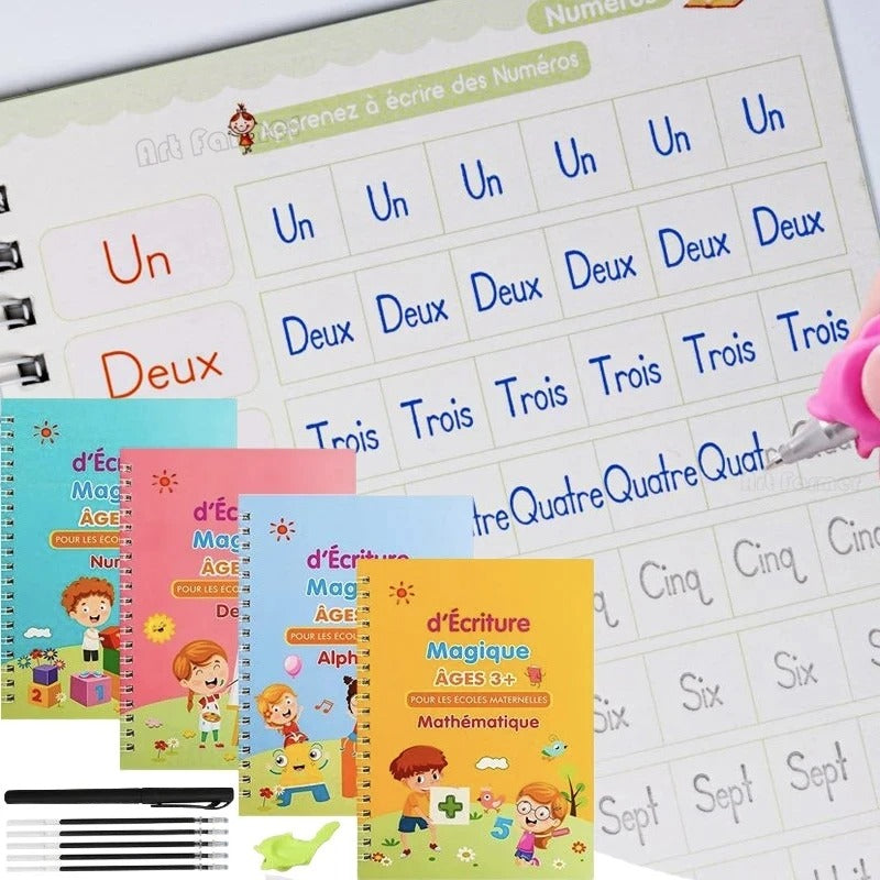 ✏️ Cahiers Magiques Réutilisables – Pack 4 en 1 : Alphabet, Chiffres, Dessin & Écriture