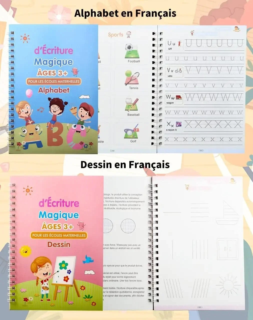 ✏️ Cahiers Magiques Réutilisables – Pack 4 en 1 : Alphabet, Chiffres, Dessin & Écriture