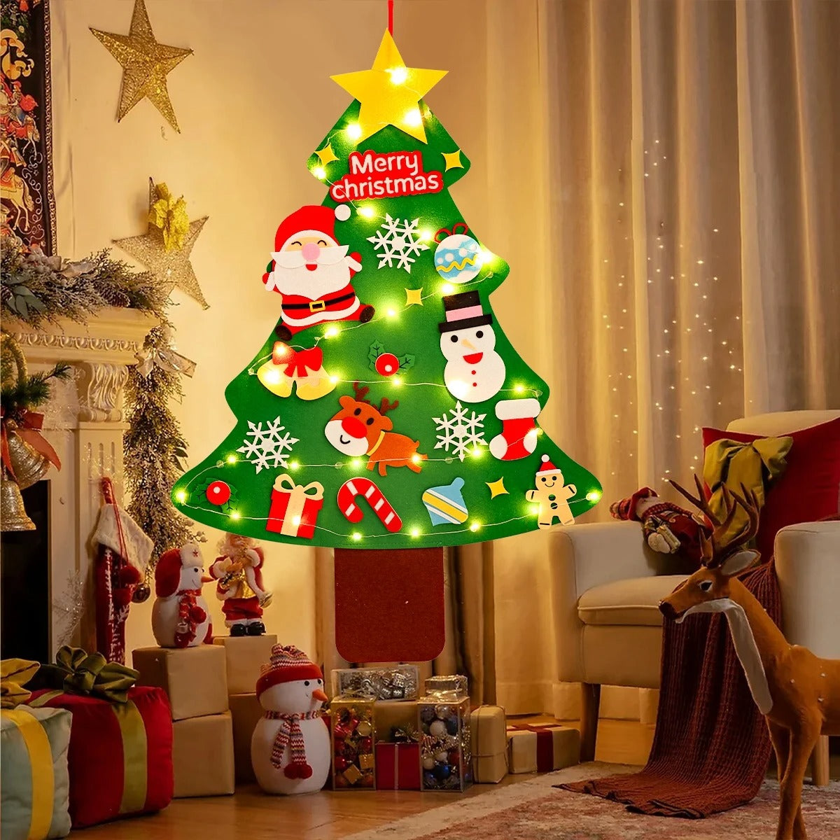 Grand Sapin de Noël en Feutrine – 95 cm + Décos + Guirlande Offerte