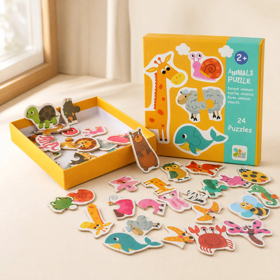 Matching Puzzle Éducatif: Découvre les Animaux, les Fruits et la Circulation en Montessori - Fond blanc, autre angle