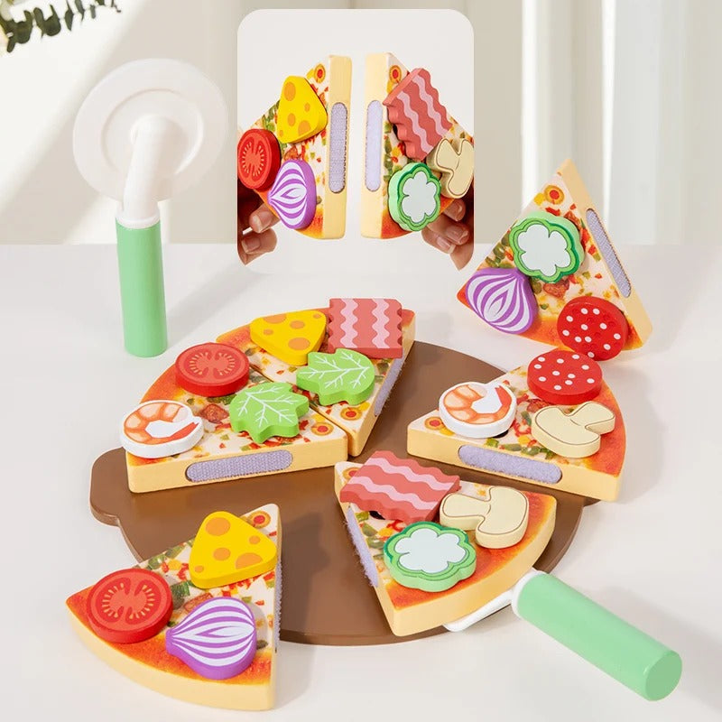 Pizza en Bois Jouet à Découper avec Garnitures Colorées
