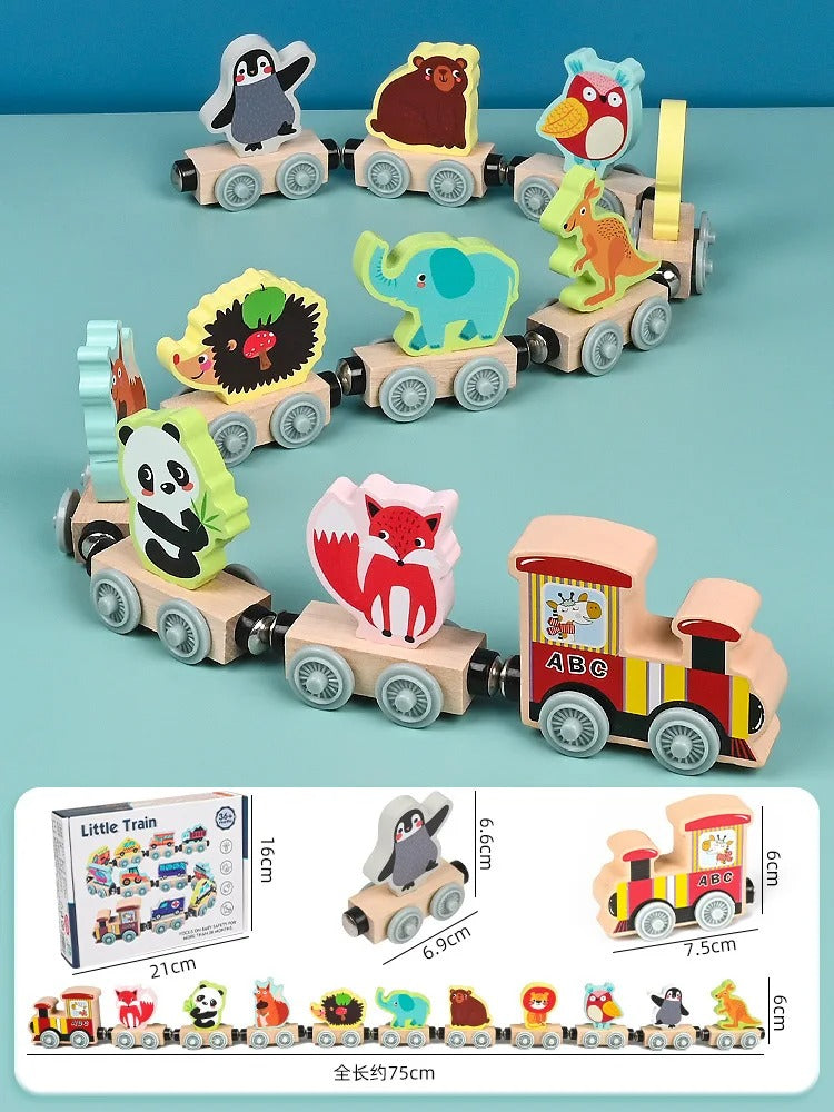 Train Magnétique Bois avec Animaux et Wagons Modulables
